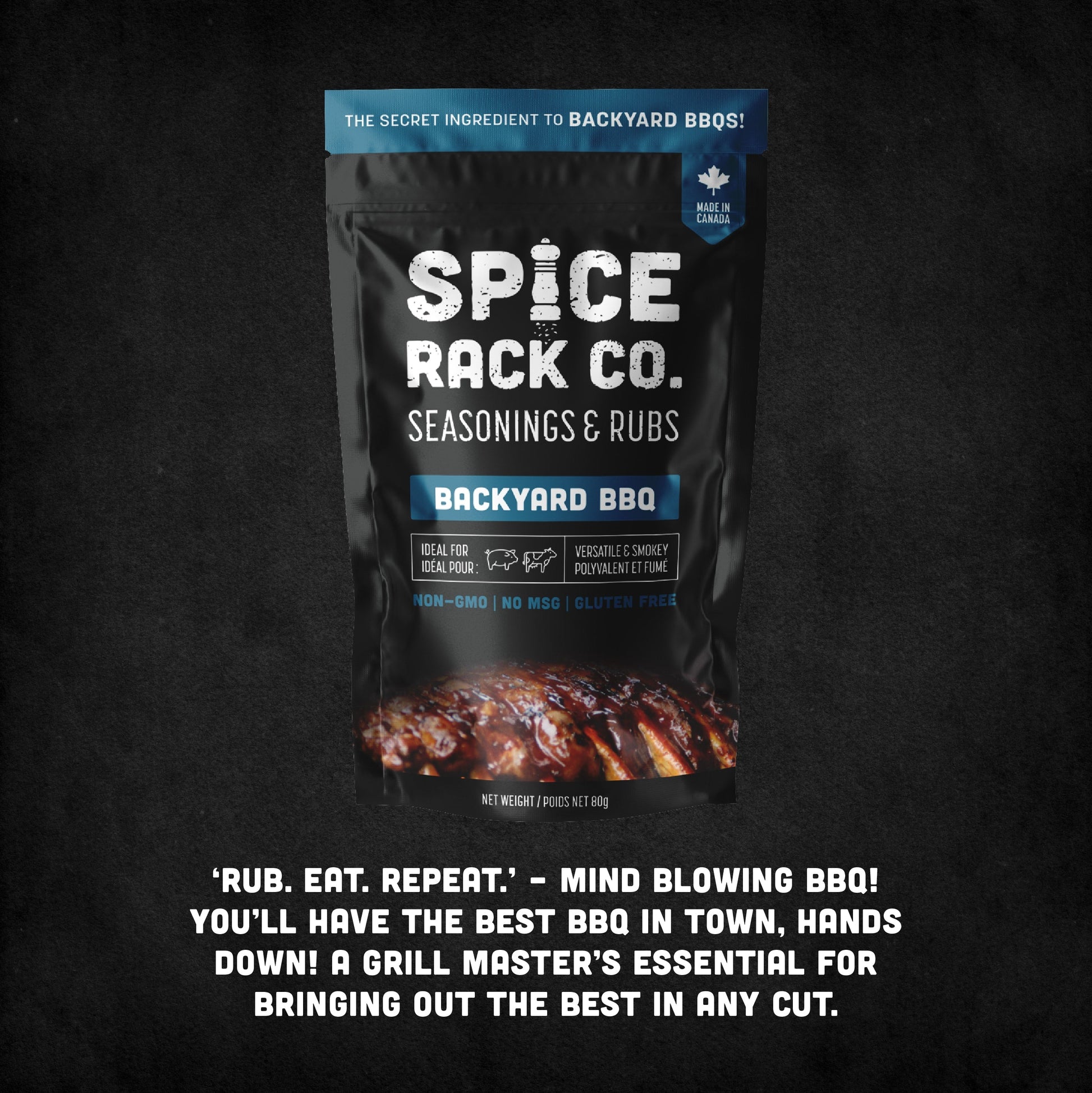 Spice Rack Co Backyard BBQ package with text: rub. eat. repeat.