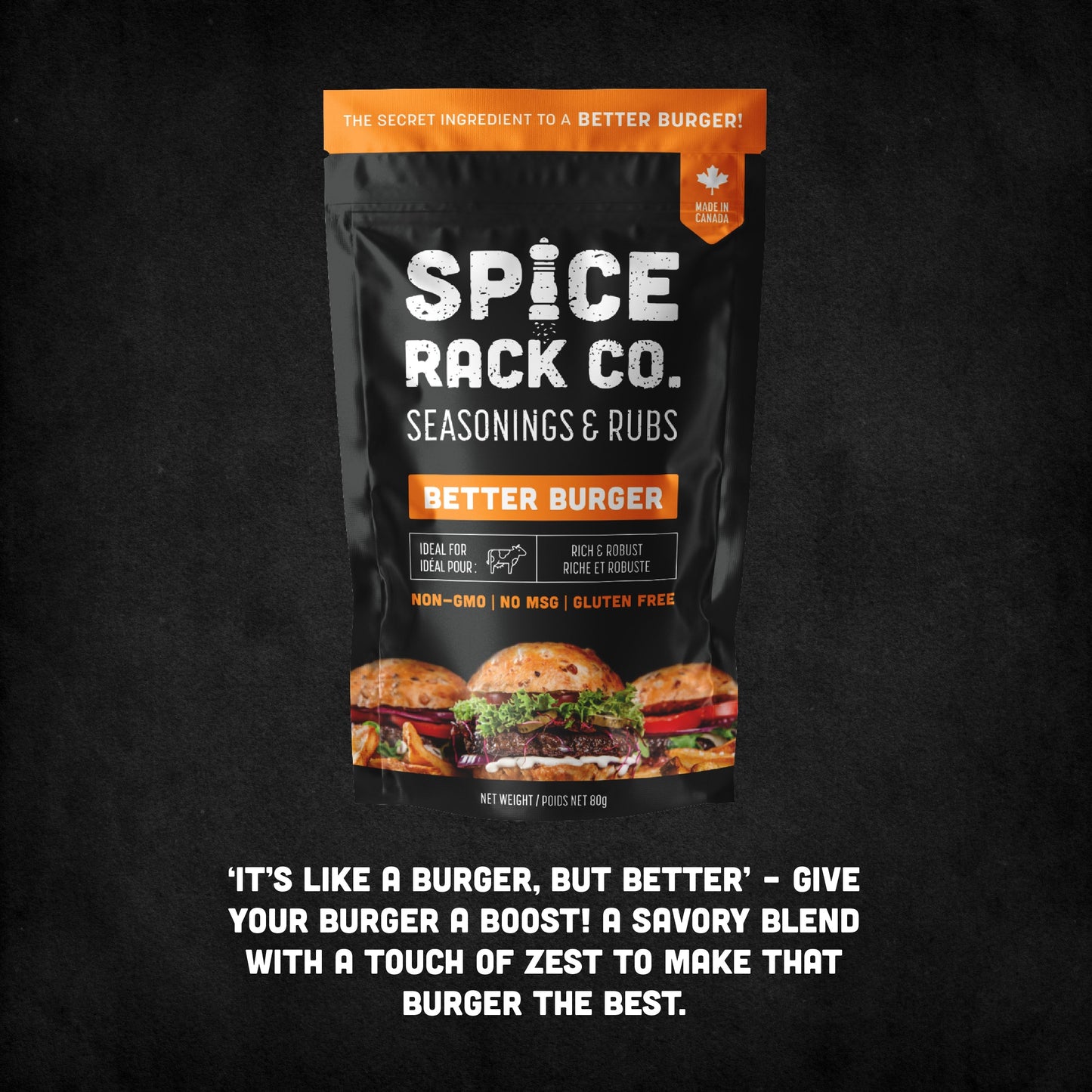 Spice Rack Co Better Burger package with text: it's like a burger but better.
