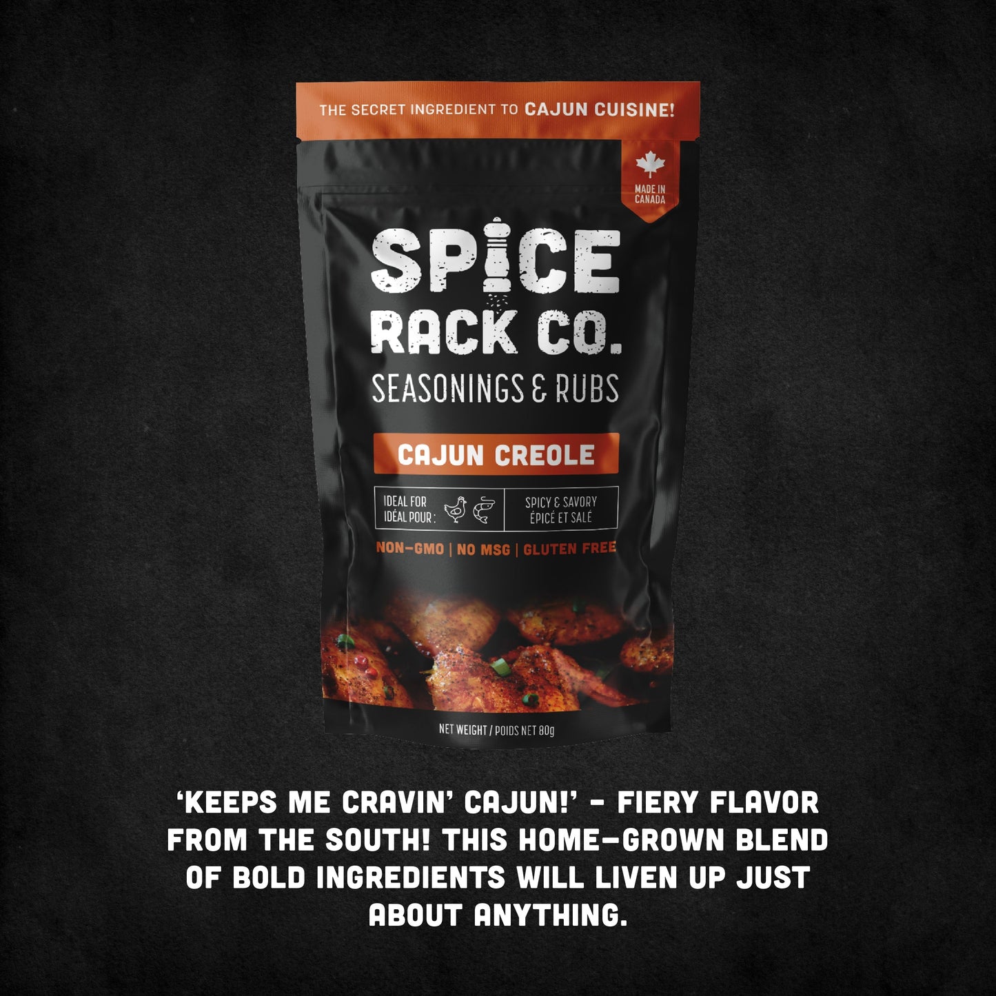 Spice Rack Co Cajun Creole package with text: keeps me craving cajun.