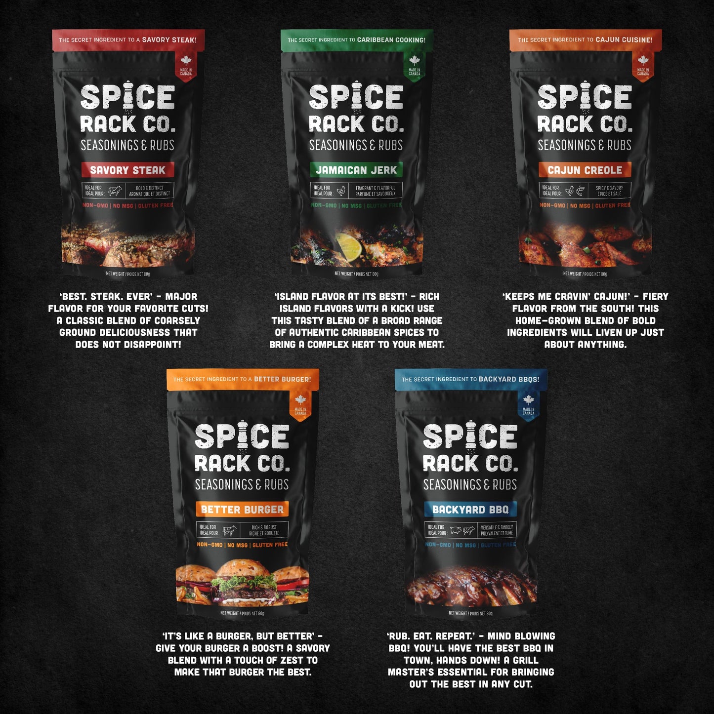 A package of each flavour: Savoury Steak, Jamaican Jerk, Cajun Creole, Better Burger, Backyard BBQ.