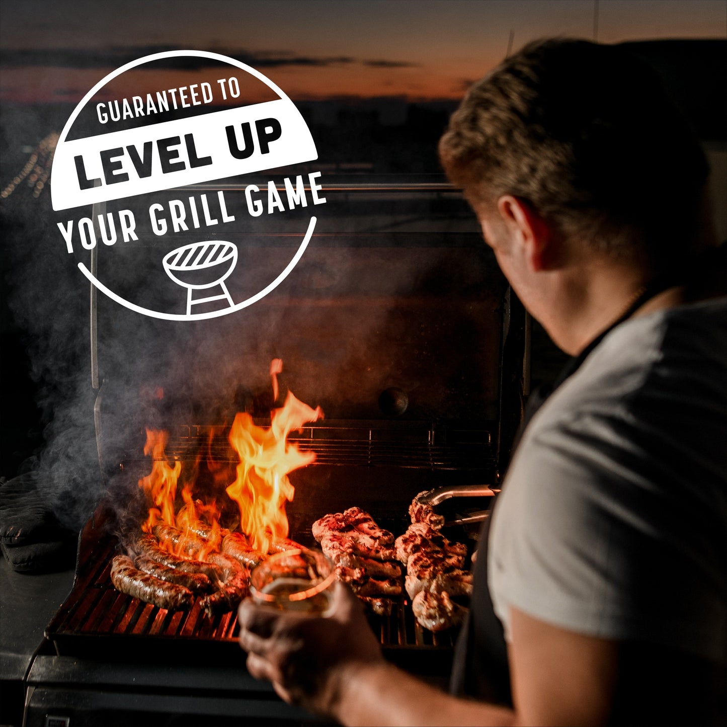 Man barbecuing over large flame overlaid with a guaranteed to level up your grill game emblem.