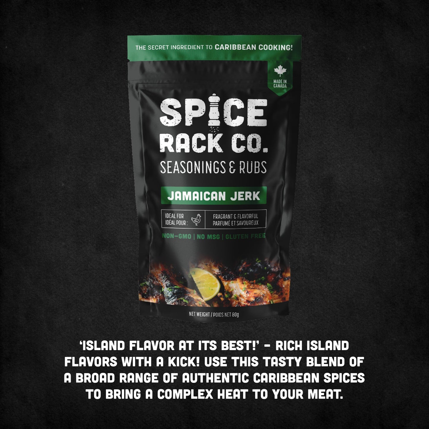 Spice Rack Co Jamaican Jerk package with text: island flavour at its best.