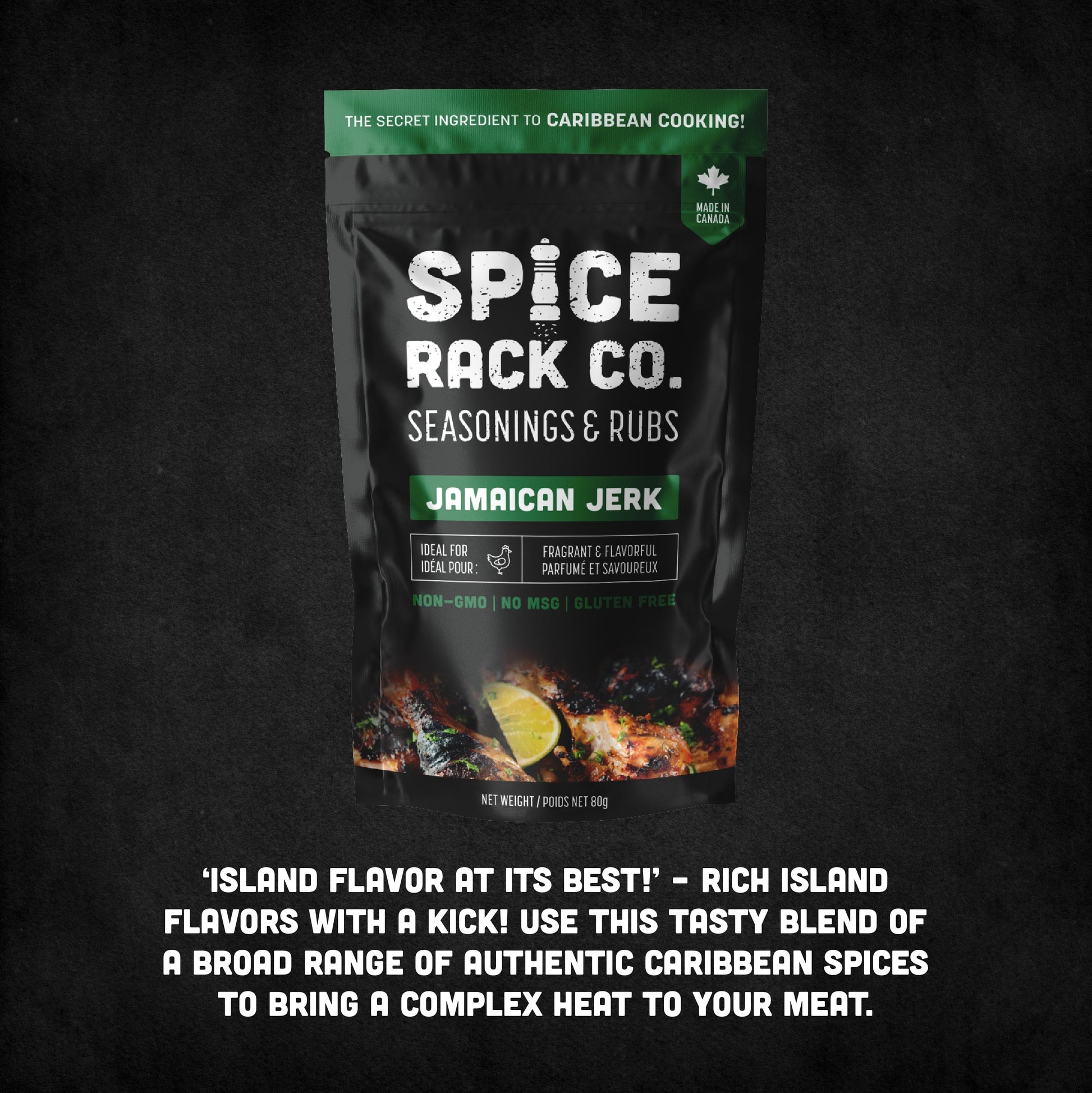 Spice Rack Co Jamaican Jerk package with text: island flavour at its best.