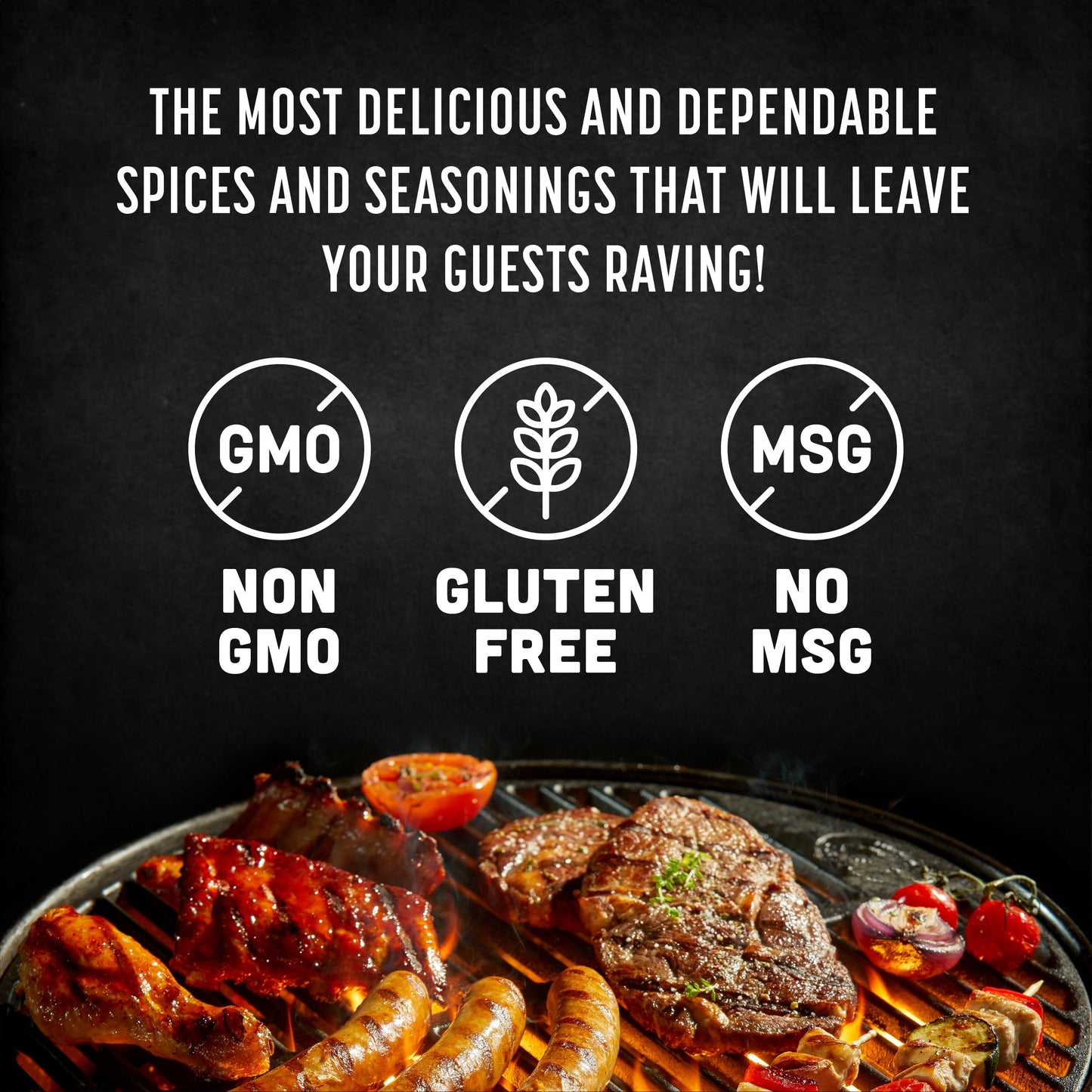 Emblems emphasizing non GMO, gluten free, no MSG.