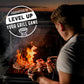 Man barbecuing over large flame overlaid with a guaranteed to level up your grill game emblem.