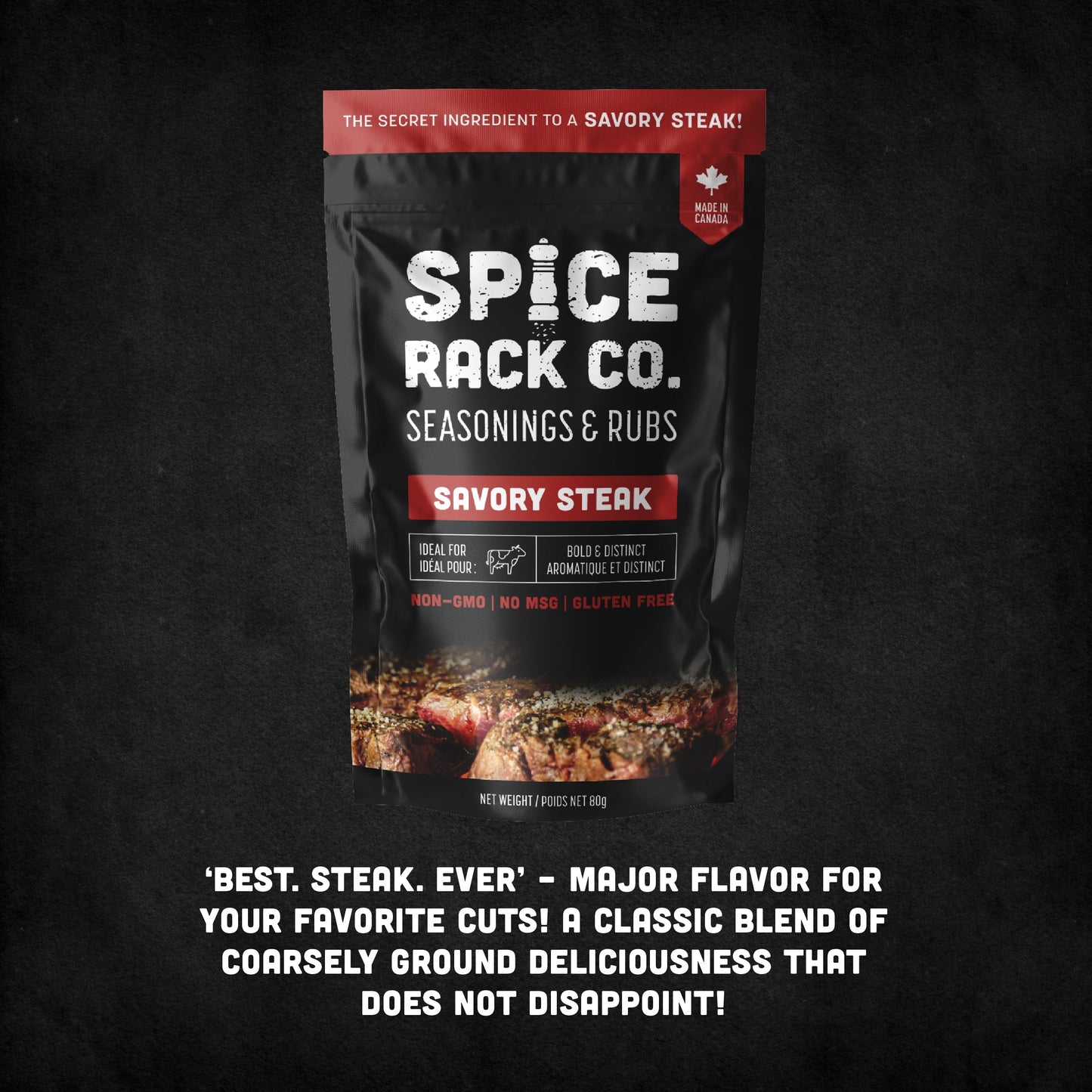 Spice Rack Co Savoury Steak package with text: Best. Steak. Ever.